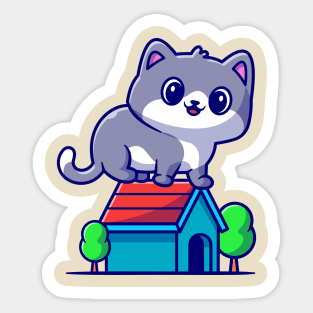 Cute Cat Sitting On House Cartoon Sticker